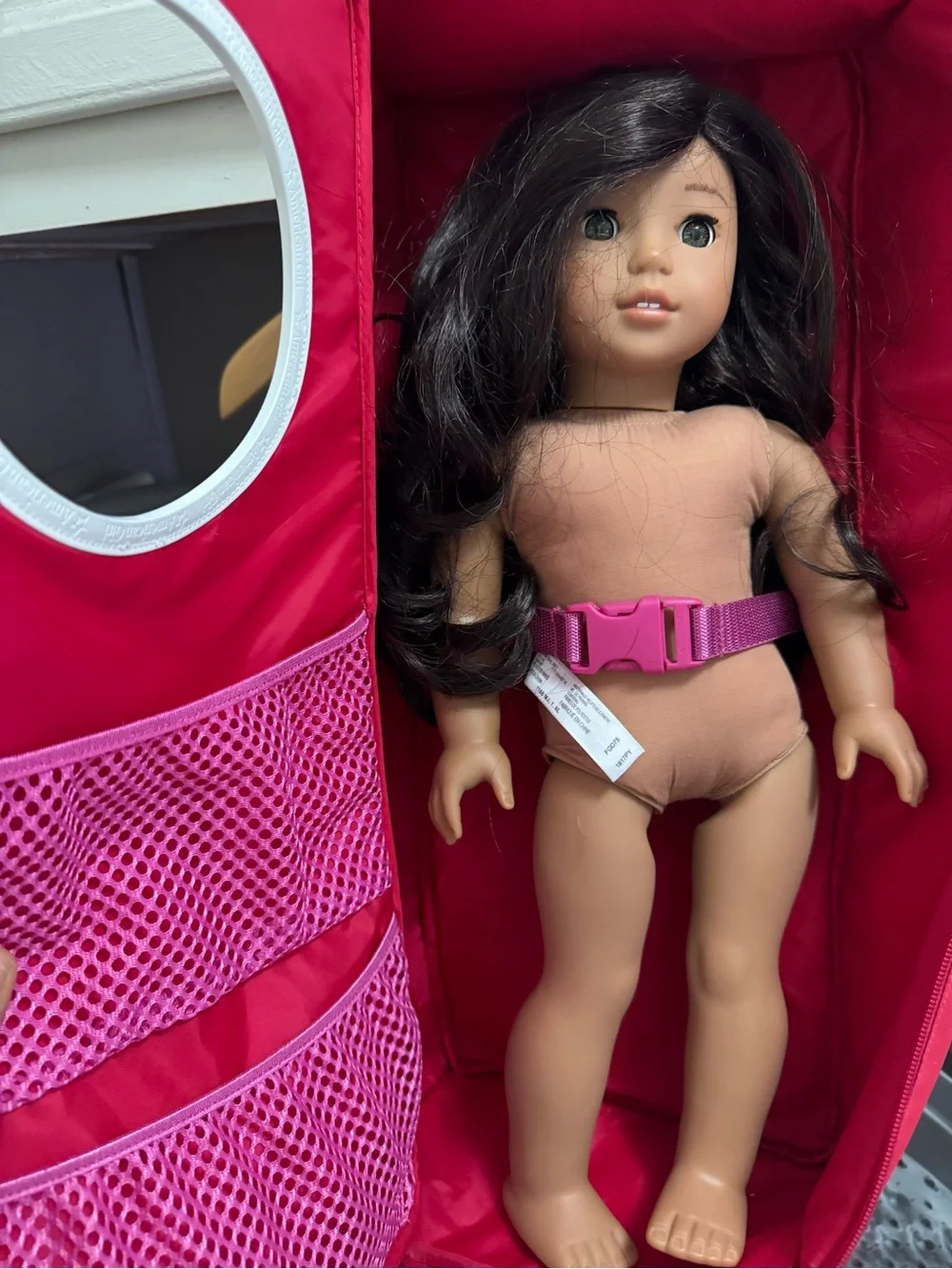 American Girl Red Doll Carrier with Pink Logo Panel and White Trim